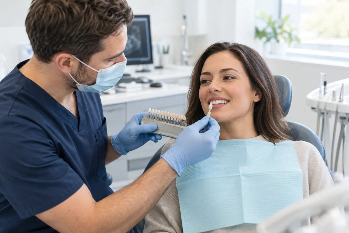 Dentist matching a composite filling shade to an adult patient’s natural teeth