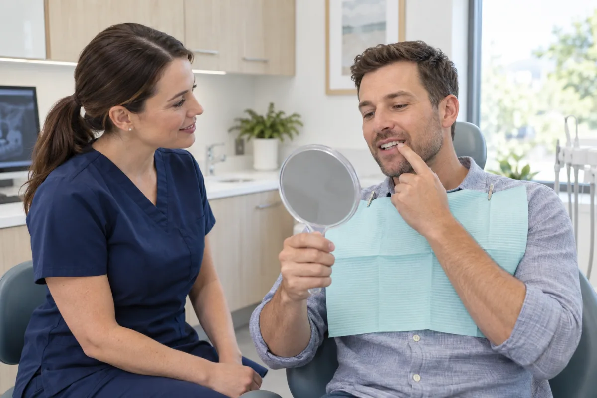 Adult patient showing a dentist a specific smile concern during a pressure-free consultation