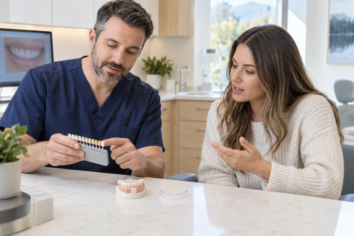 Dentist comparing a shade guide, dental model and clear aligner with an adult patient