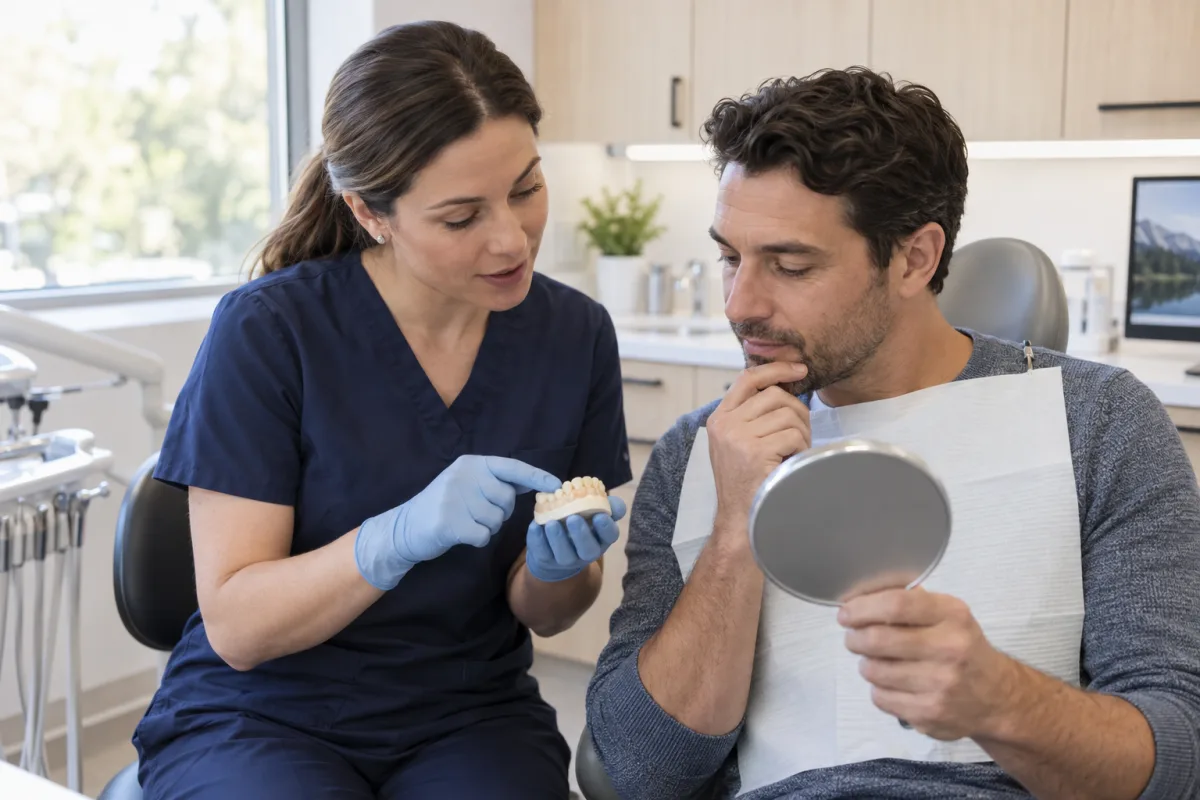 Dentist and adult patient using a mirror and tooth model to discuss a minor tooth-edge concern