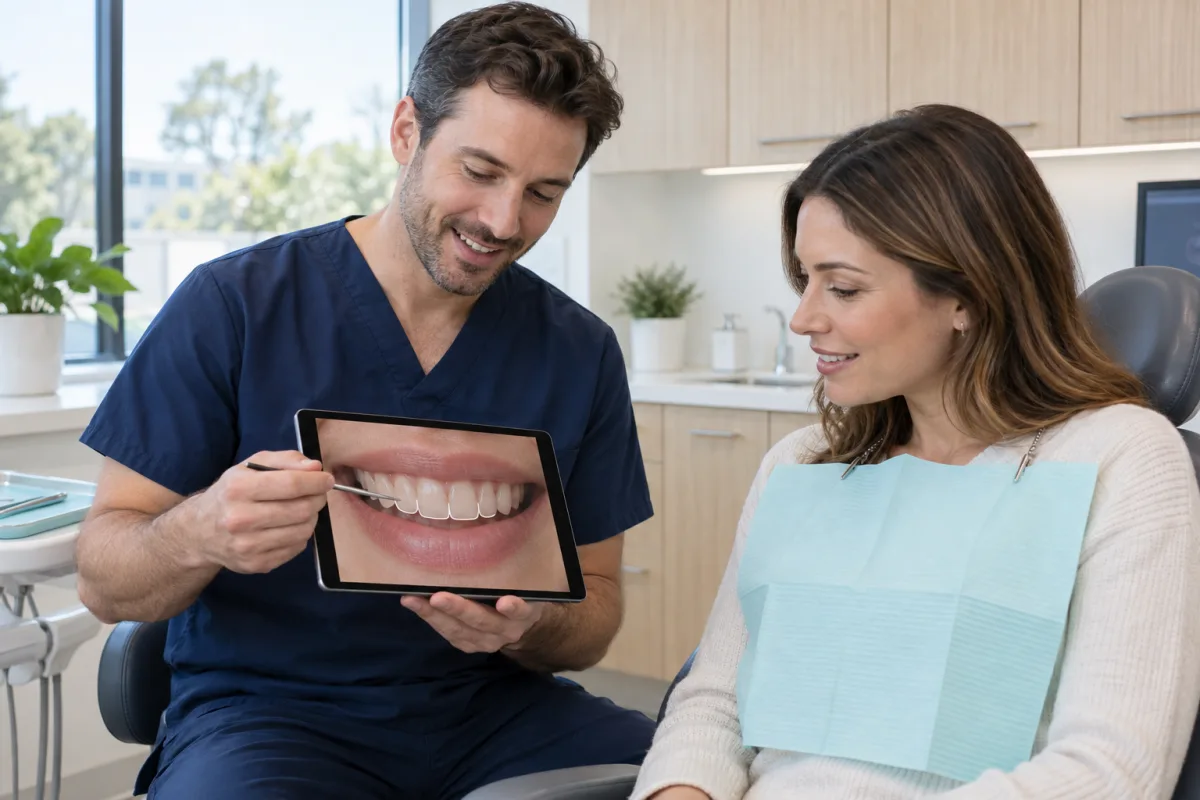 Dentist and adult patient reviewing subtle tooth-edge differences on a smile photograph