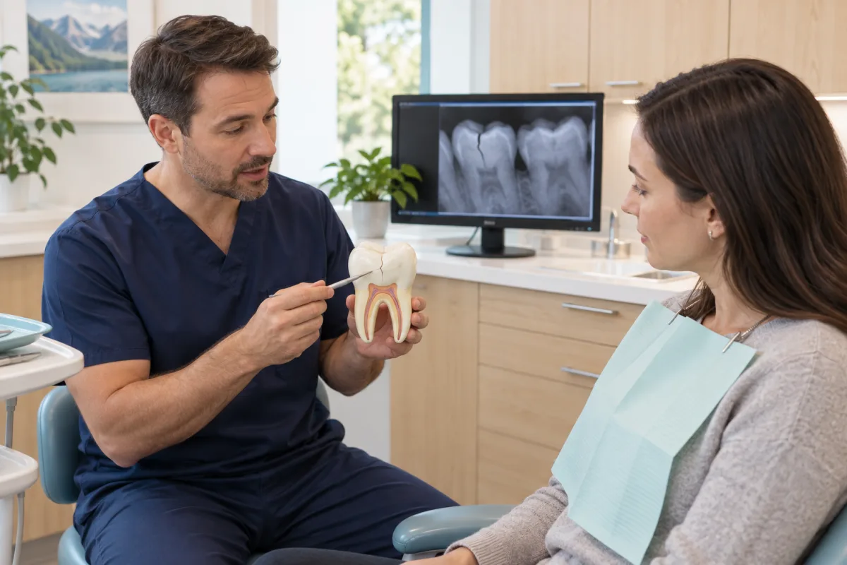 Dentist using a tooth model and dental image to explain a cracked tooth diagnosis