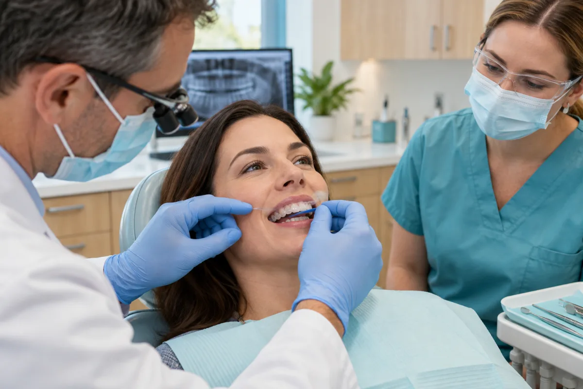 Dentist checking retention and bite contacts on a newly fitted custom night guard