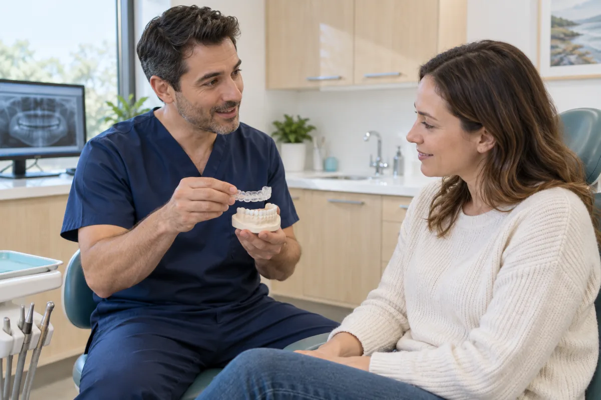 Dentist showing a custom clear night guard during an adult patient consultation