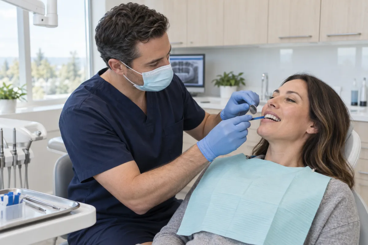 Dentist checking the fit and bite of a custom night guard for an adult patient