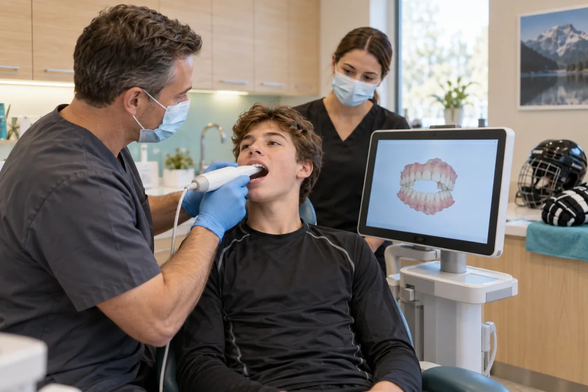 Dentist taking a digital scan for a custom sports guard while a young hockey player watches