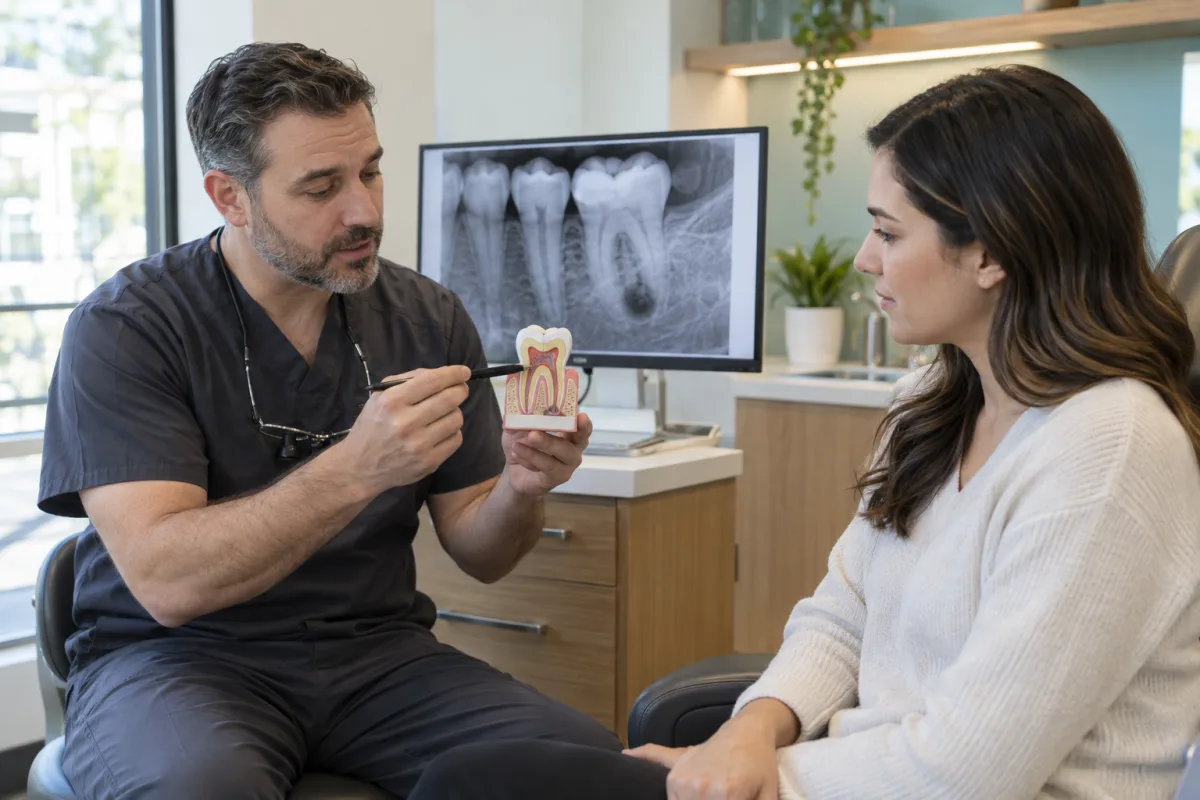 Dentist reviewing an abscess X-ray and explaining source-control treatment options to a patient