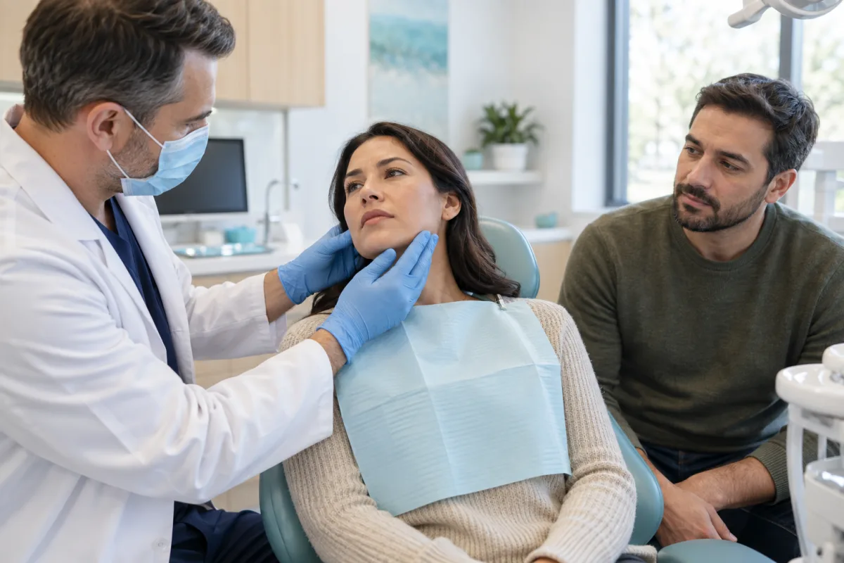 Dentist carefully assessing an adult patient’s lower facial swelling from a suspected dental abscess