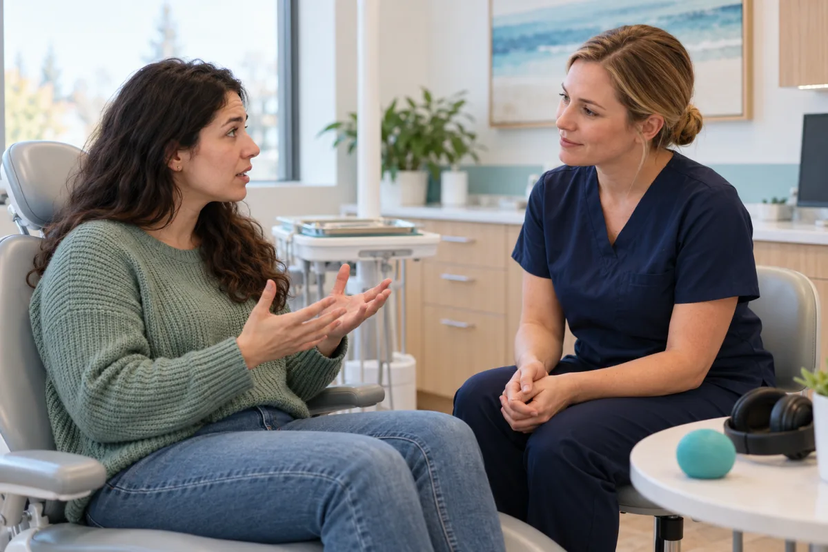 Dentist listening as an adult patient explains specific dental anxiety triggers