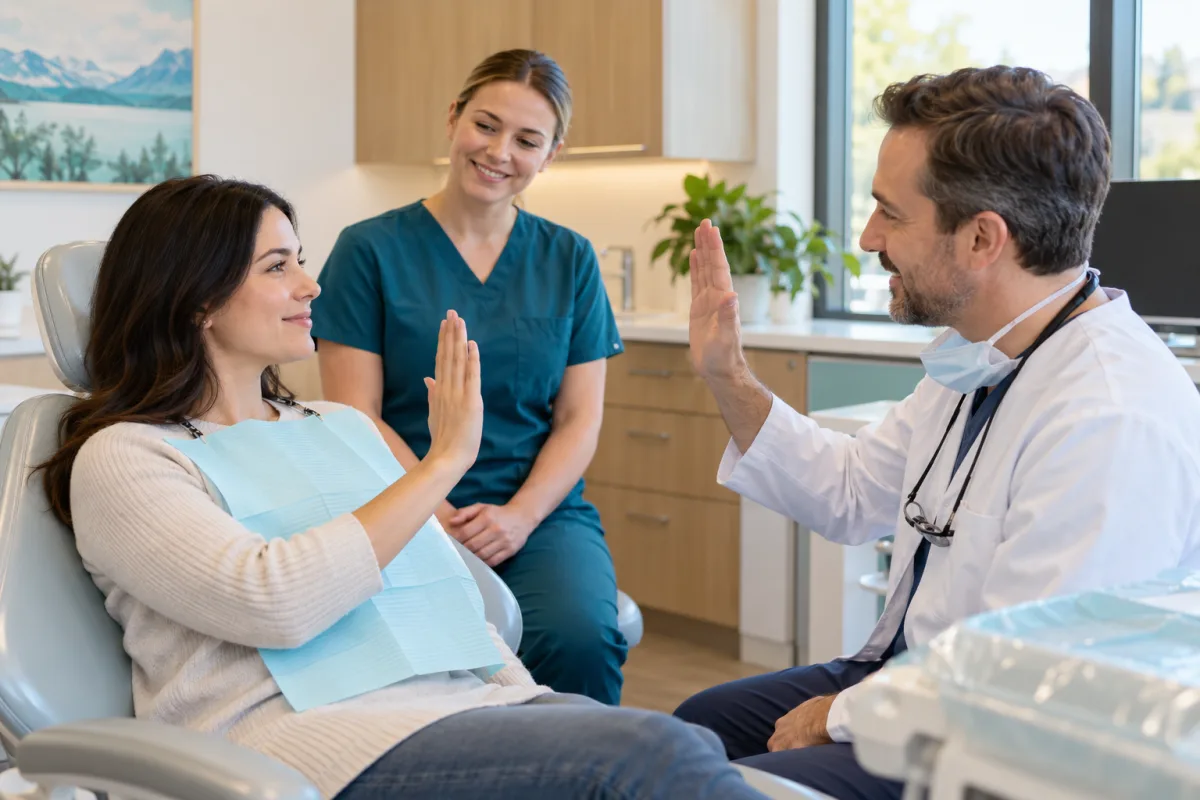 Adult patient and dentist practising a raised-hand stop signal before dental treatment