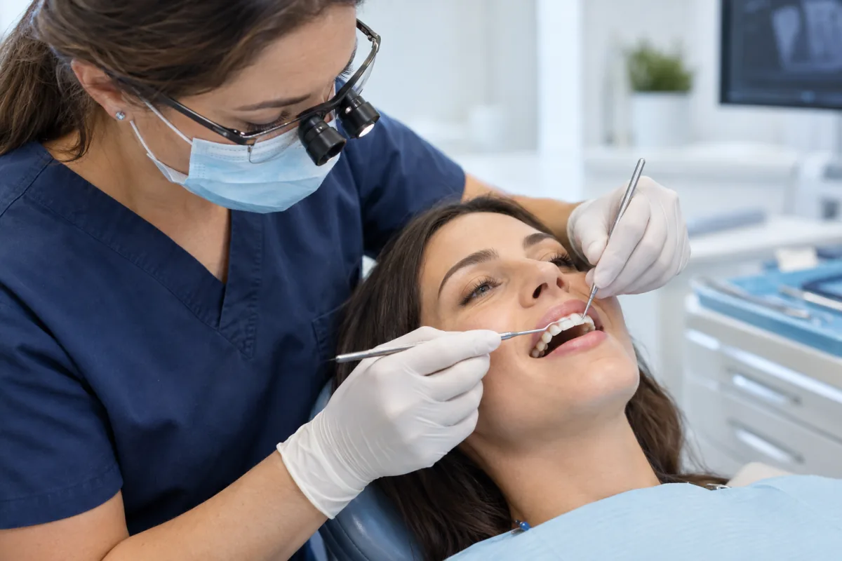 Dentist carefully shaping tooth-coloured composite during a dental bonding procedure