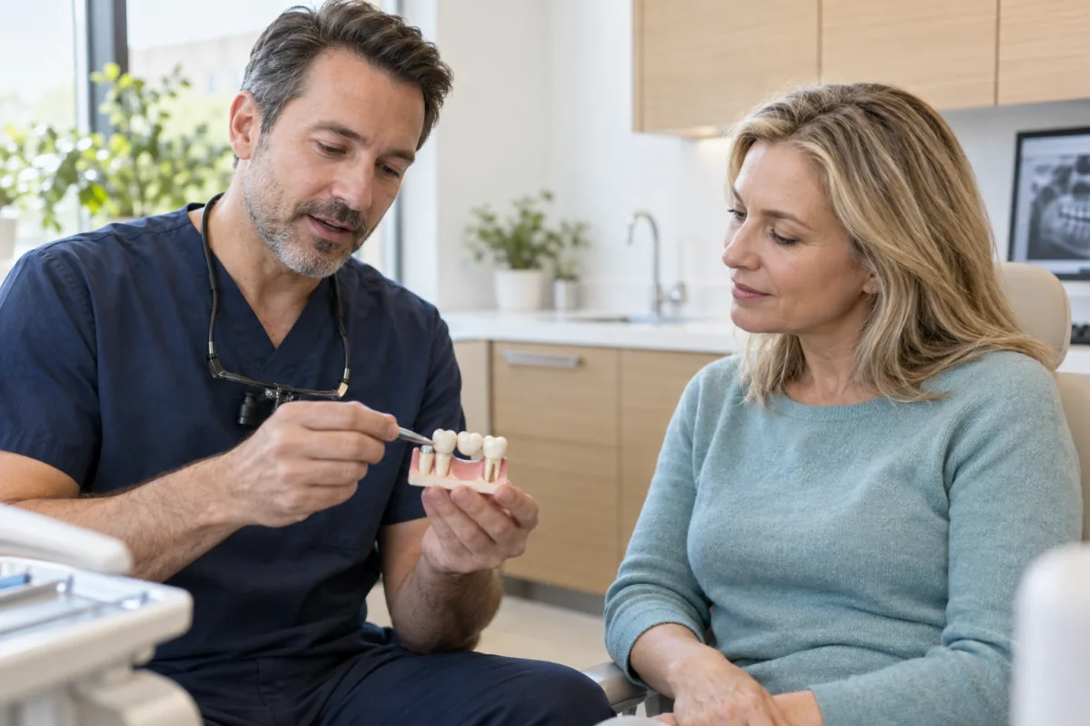 Dentist explaining a three-unit dental bridge model to an adult patient
