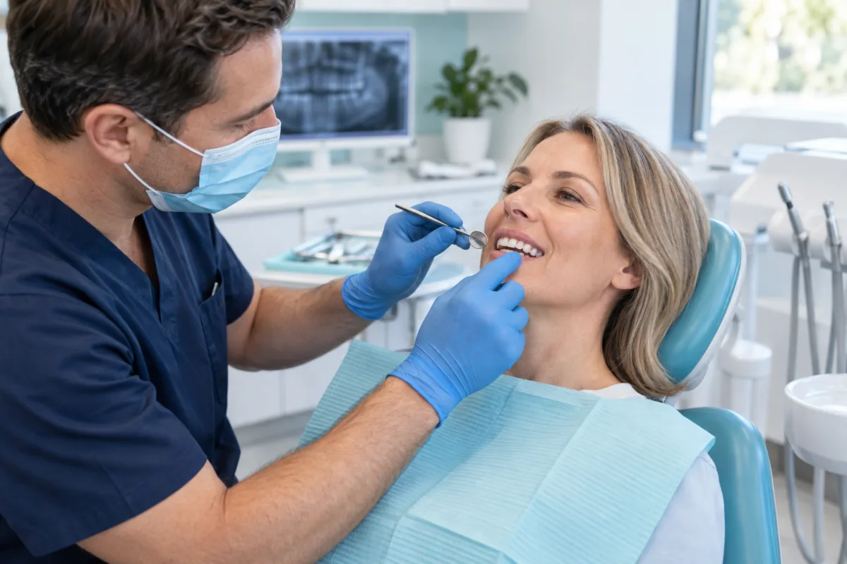 Dentist checking the fit and bite of a dental bridge for an adult patient