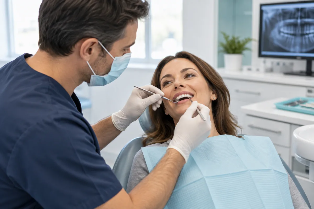 Dentist checking the fit and bite of a newly placed dental crown