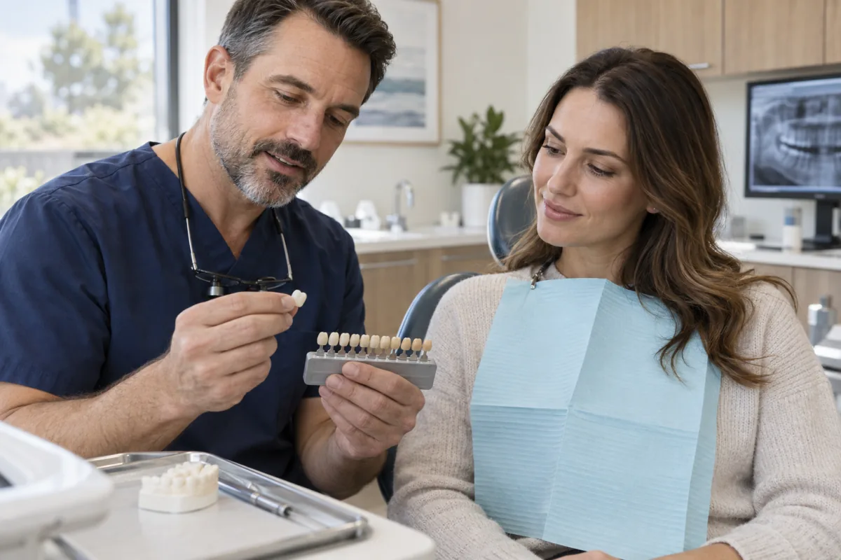 Dentist and adult patient reviewing the shade of a custom ceramic dental crown