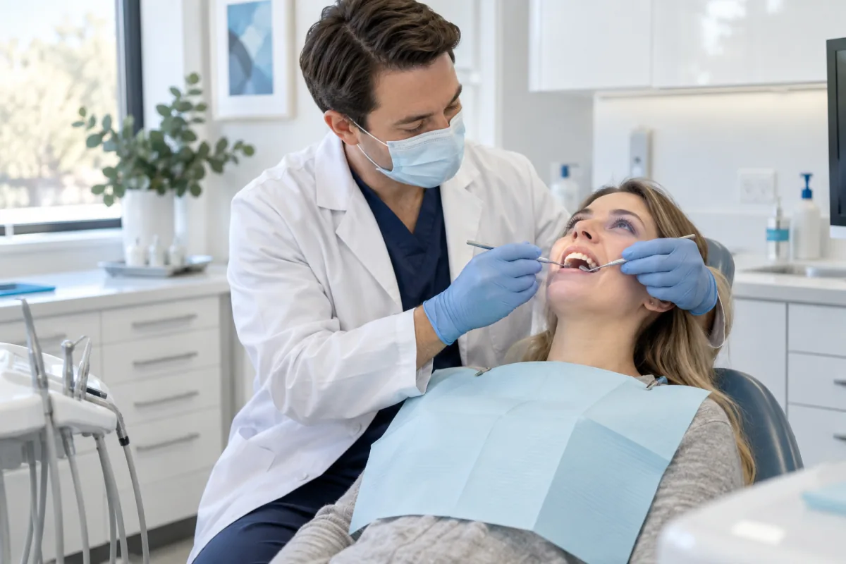 Dentist performing a gentle routine dental checkup for a comfortable adult patient