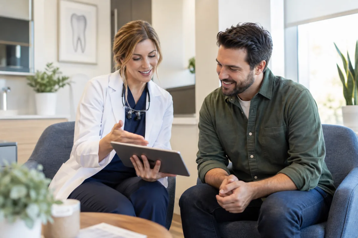 Dentist reviewing routine dental exam findings with an adult patient