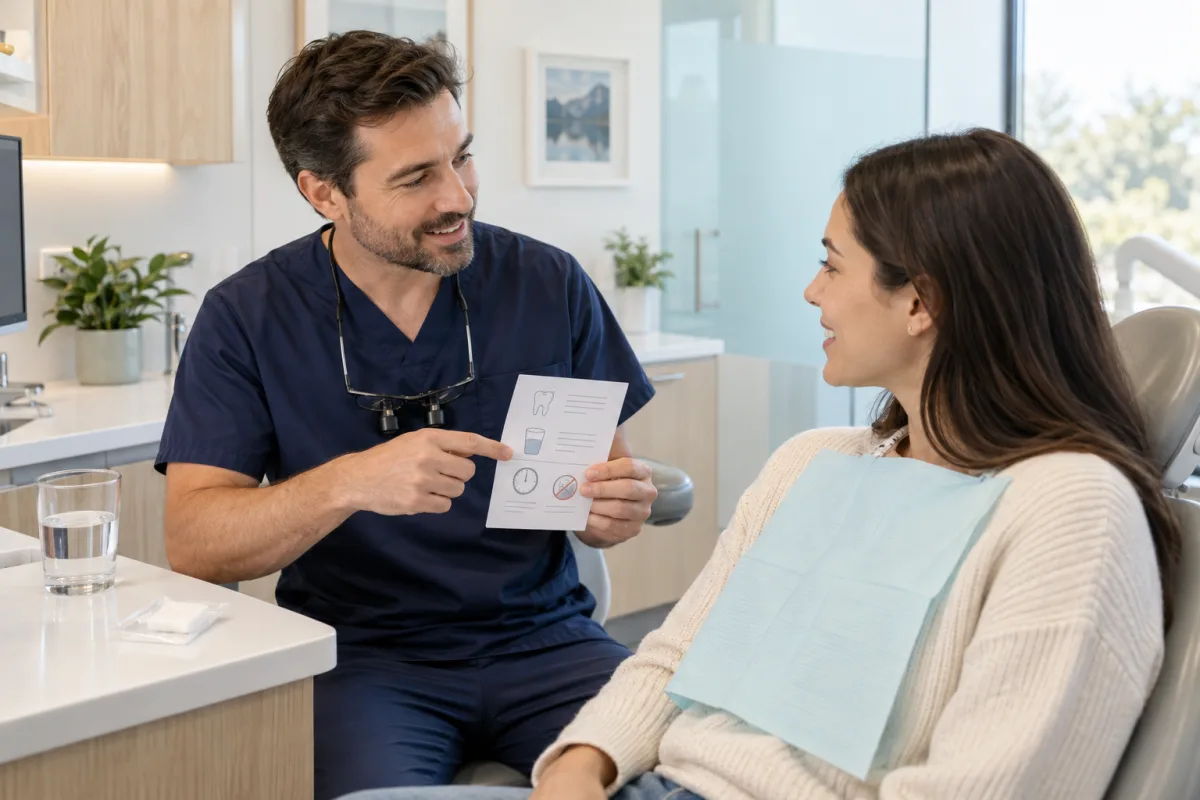 Dentist explaining tooth extraction aftercare to an adult patient