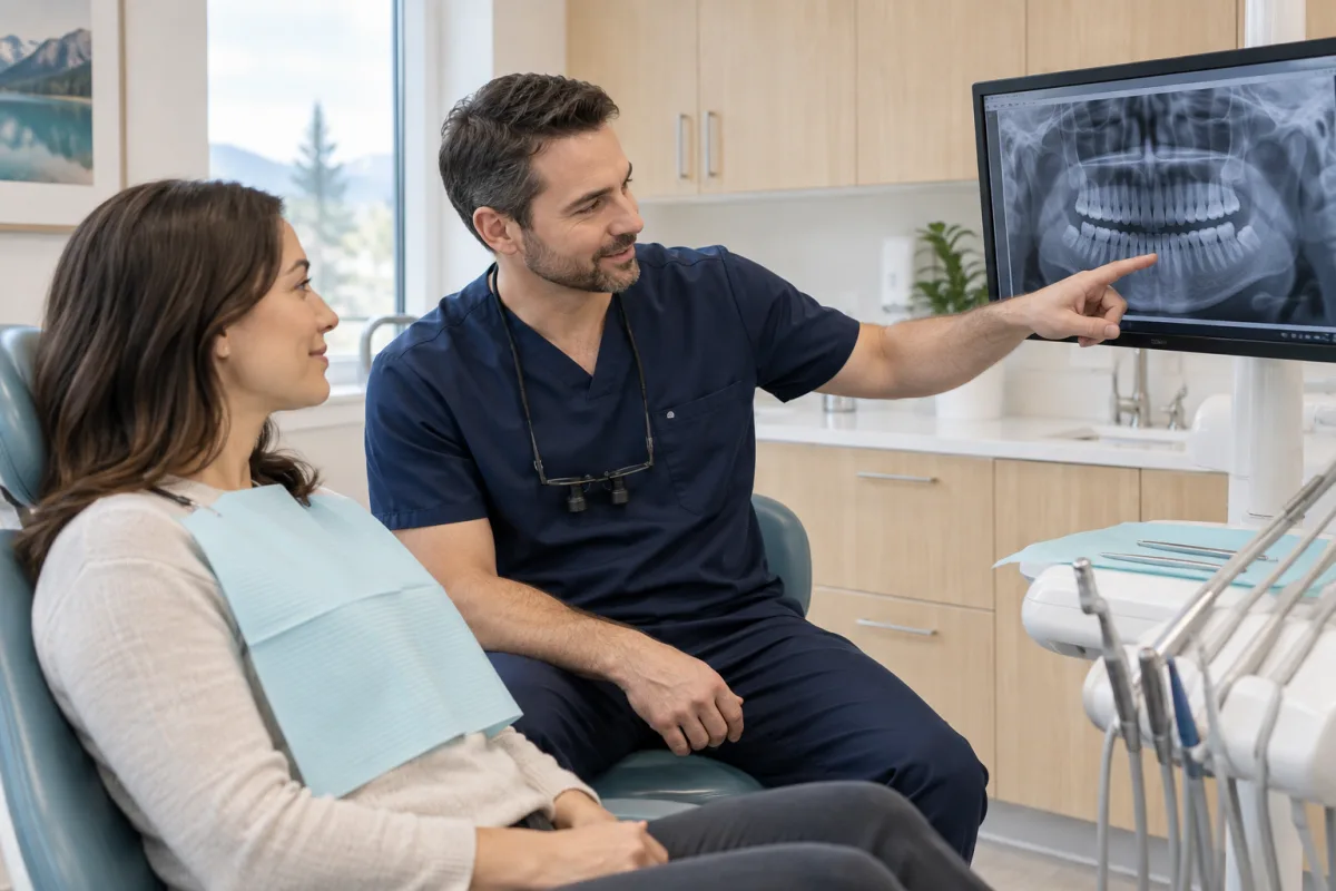 Dentist reviewing a dental X-ray with an adult patient before a possible extraction