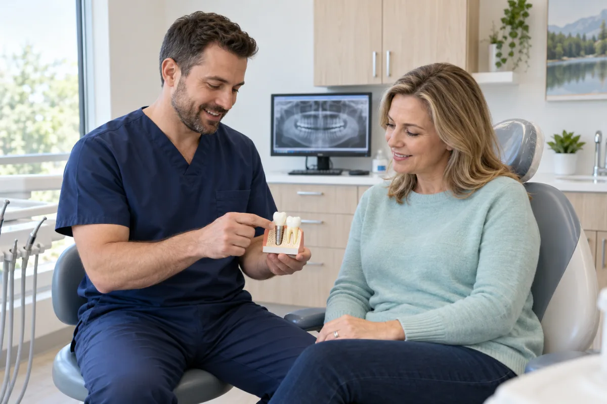 Dentist and adult patient reviewing a dental implant model during a consultation