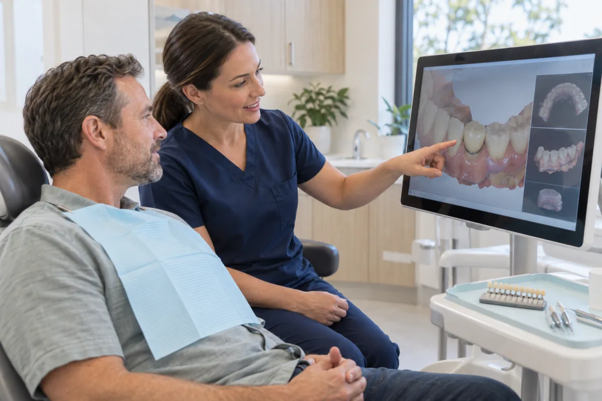 Dentist and patient reviewing the digital design of an implant-supported crown
