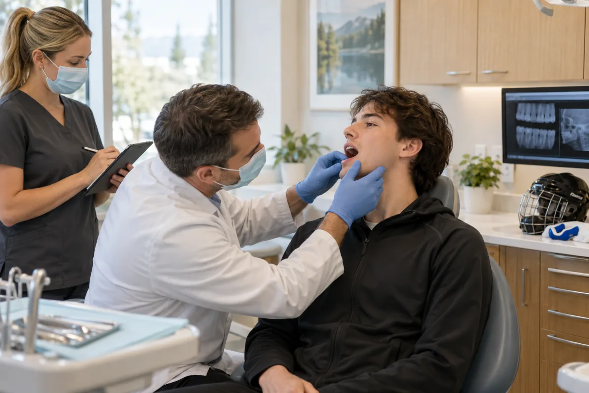Dentist performing a calm, complete dental trauma assessment for a young adult athlete after an impact