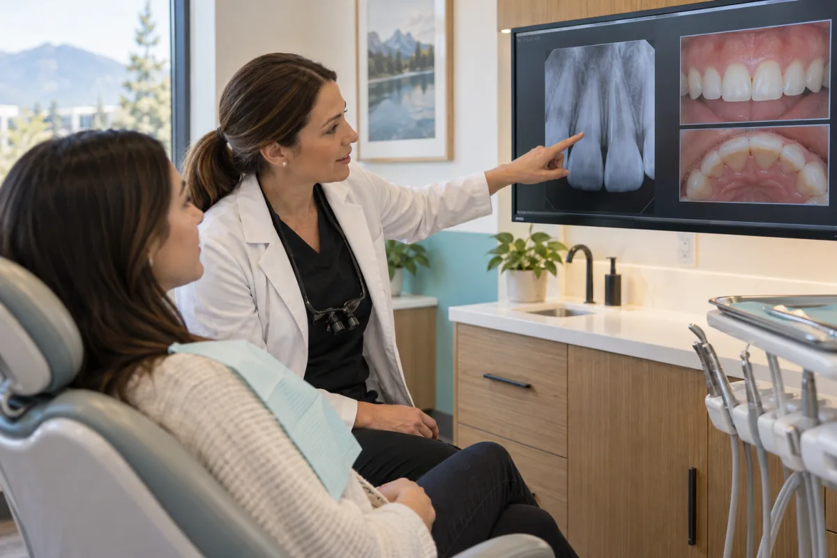 Dentist reviewing trauma photographs and a targeted dental X-ray with an injured patient