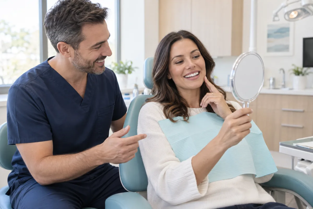 Adult patient reviewing her natural-looking smile with a dentist after veneer care