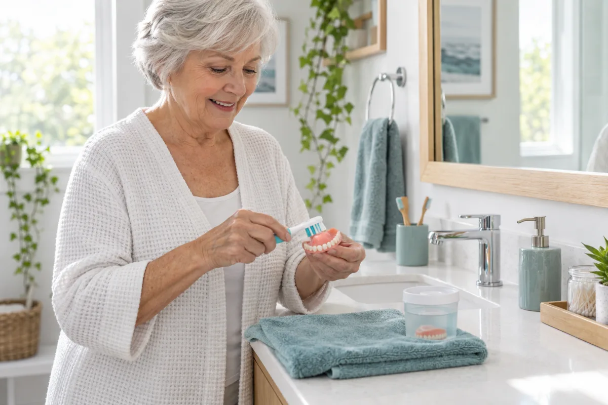 Older adult carefully cleaning a removable denture as part of a daily home-care routine