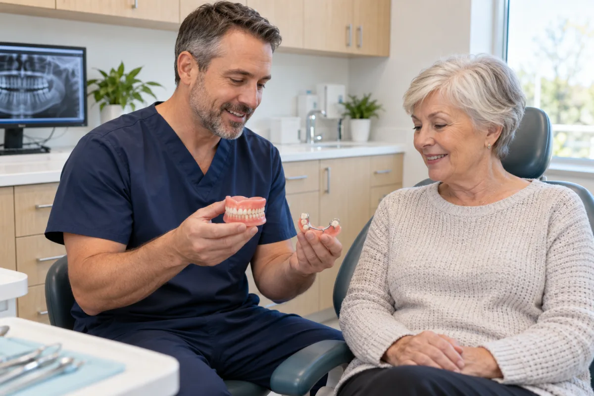 Dentist comparing full and partial denture options with an older adult patient