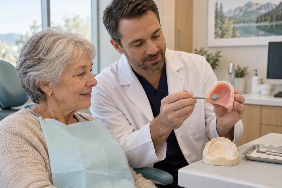 Dentist checking the tissue fit and bite of a newly relined denture for an older adult