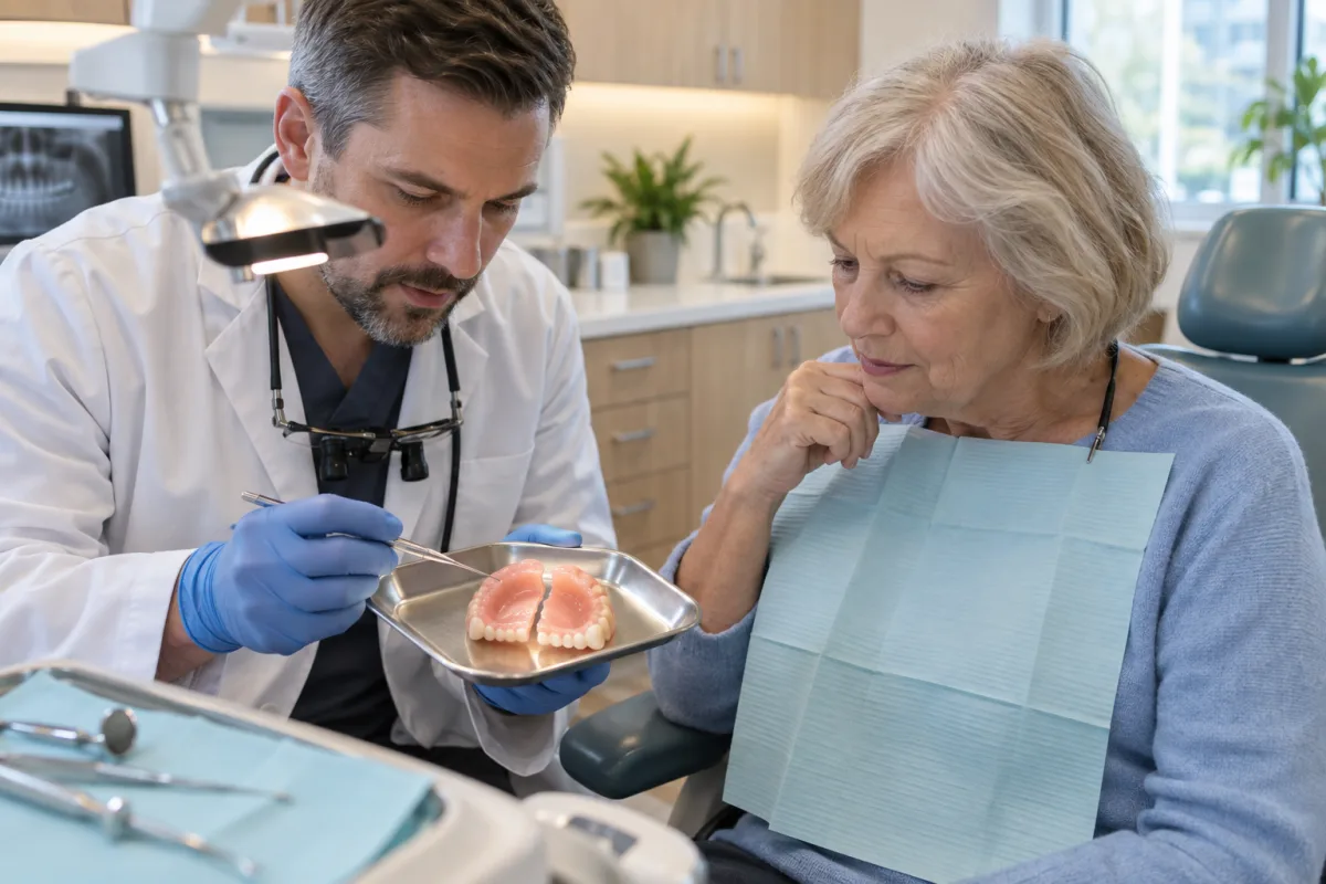 Dentist examining a cracked denture and all recovered pieces with an older adult patient
