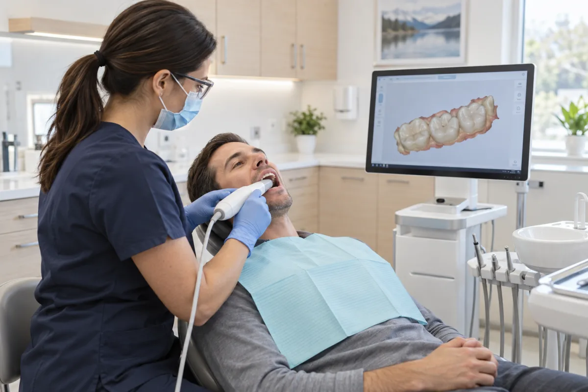 Dental hygienist taking a digital scan for a custom inlay or onlay restoration