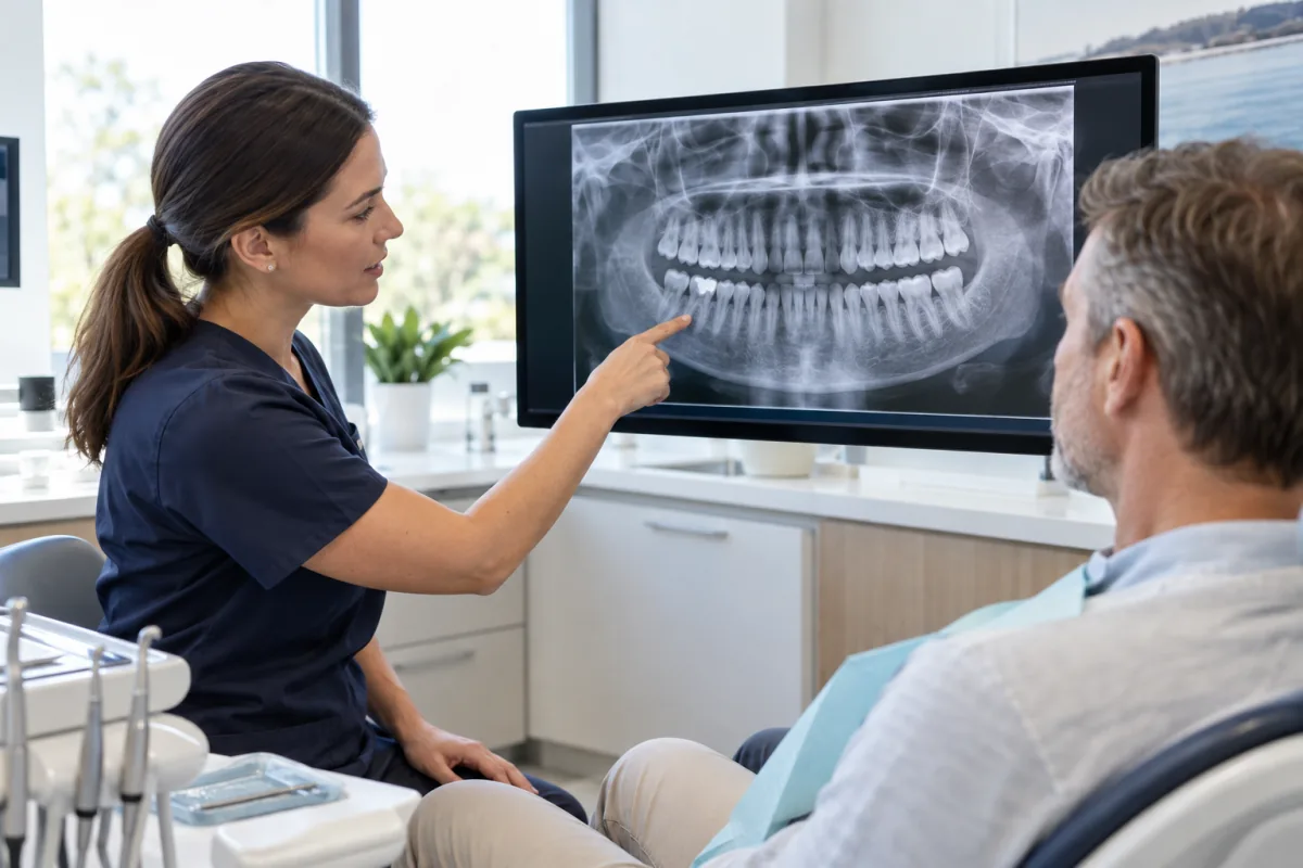 Dental professional reviewing a panoramic digital X-ray with an adult patient
