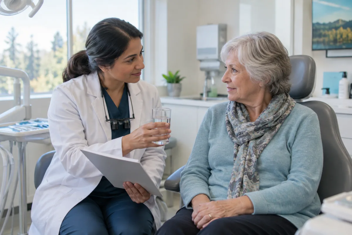 Dentist offering water while discussing dry mouth symptoms and medication history with an older adult patient