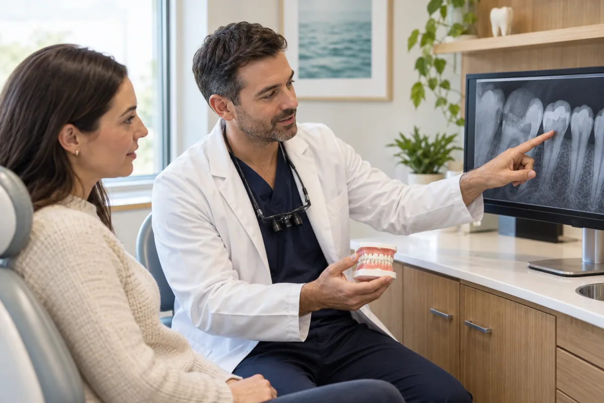 Dentist reviewing a targeted dental X-ray and tooth model with an emergency patient