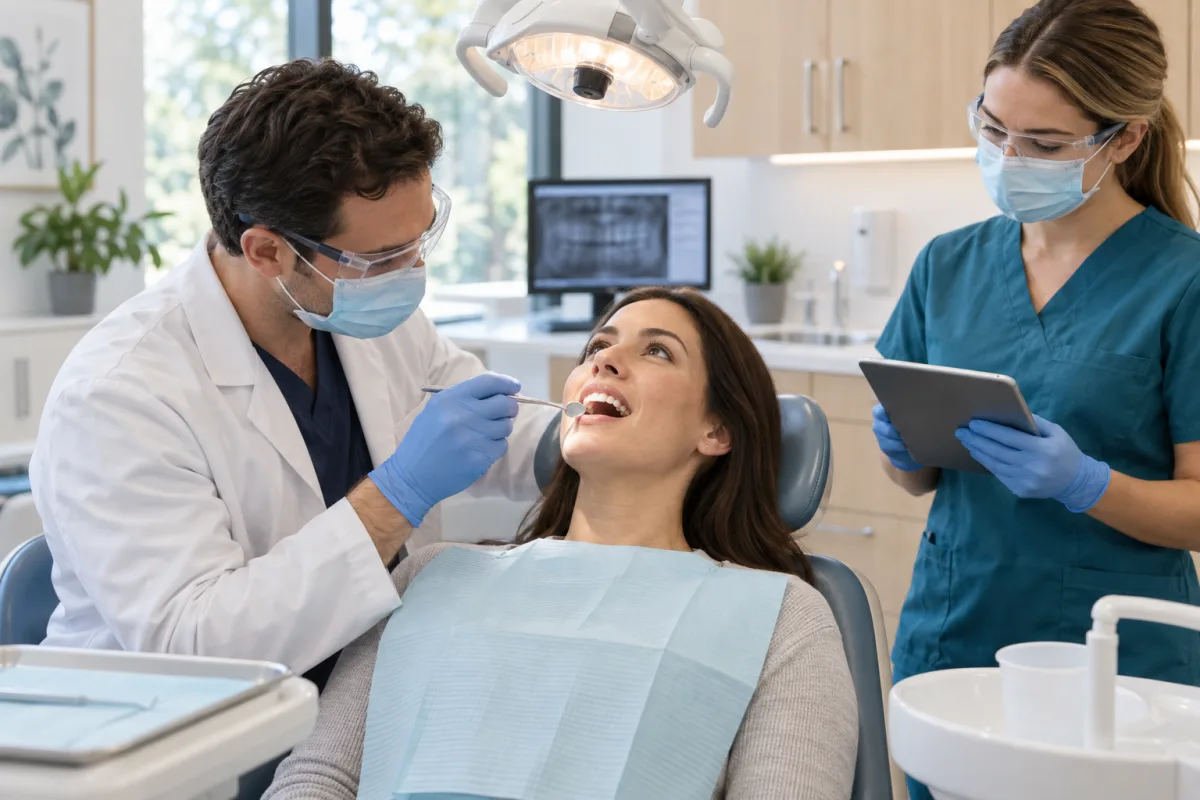 Dentist performing a calm focused examination for an adult patient with an urgent tooth concern