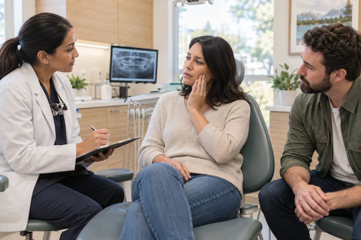 Dentist calmly assessing an adult patient with urgent dental pain while a support person sits nearby