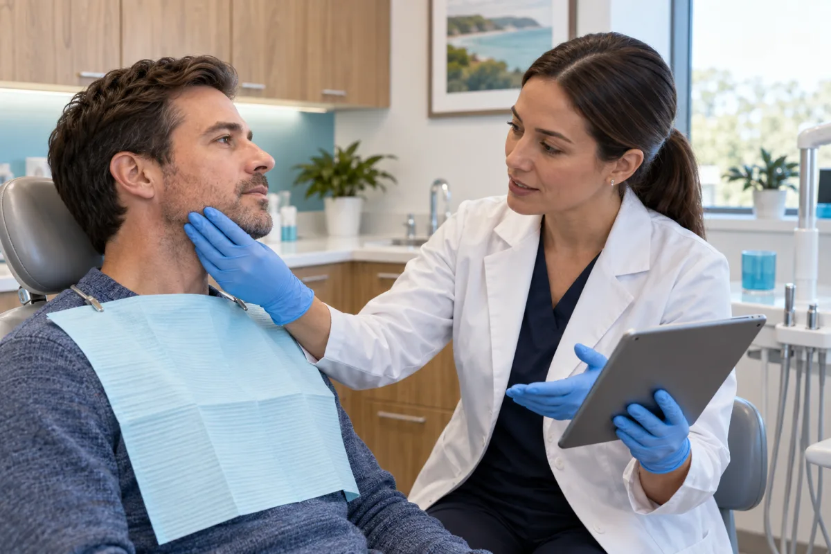 Dentist assessing an adult patient’s facial swelling and explaining whether dental or medical emergency care is needed