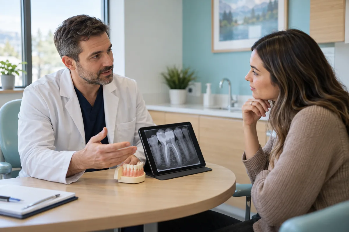 Dentist reviewing tooth-saving options and possible emergency extraction with an adult patient