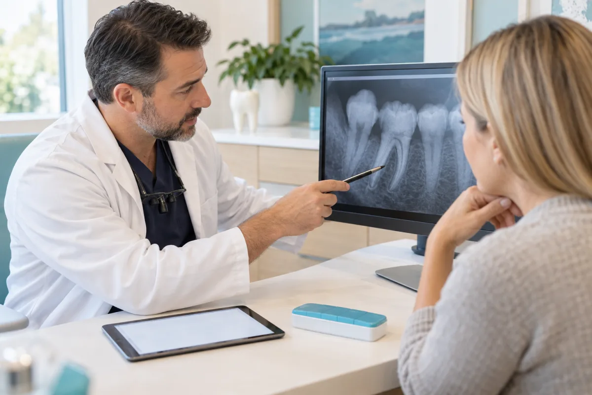 Dentist reviewing a dental X-ray and medical history before an emergency tooth extraction