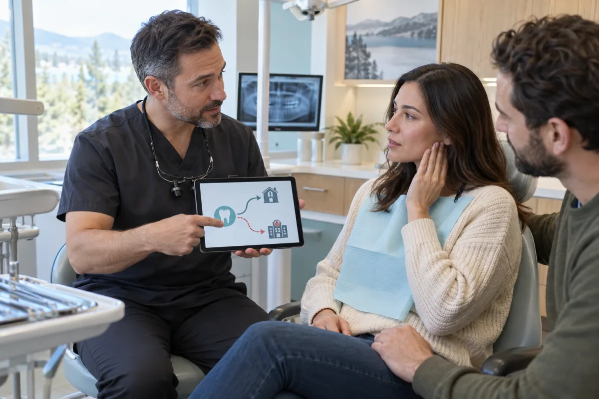 Dentist explaining the urgent dental-versus-hospital care pathway to a patient with facial swelling