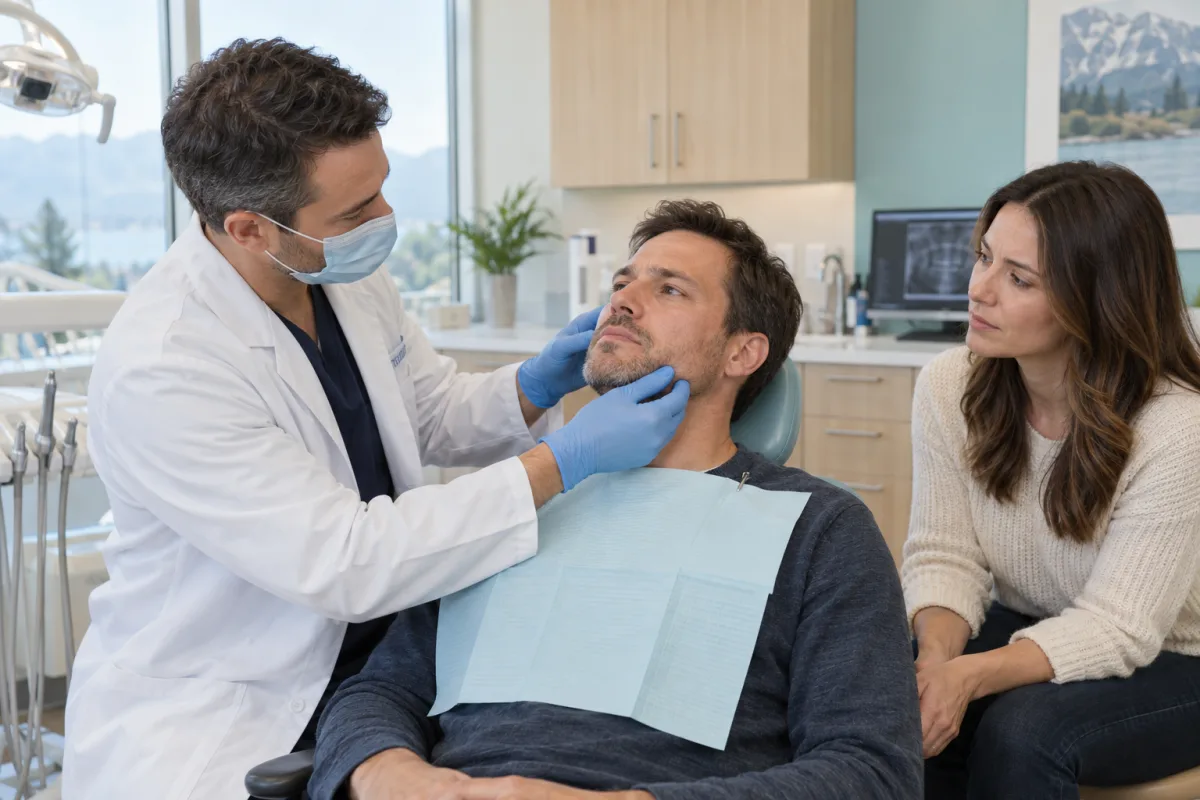 Dentist urgently assessing an adult patient’s facial and jaw swelling with a support person nearby