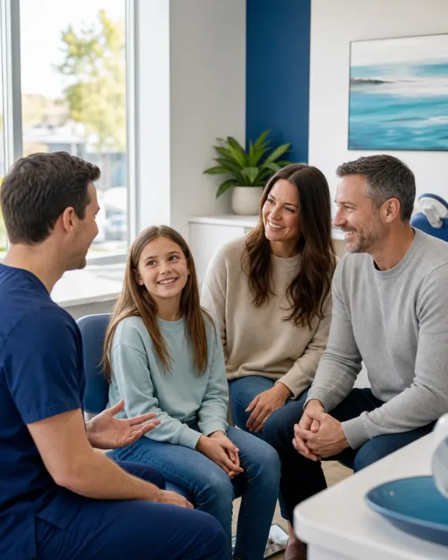 A Port Dover dentist speaking with parents and their child during a relaxed family consultation