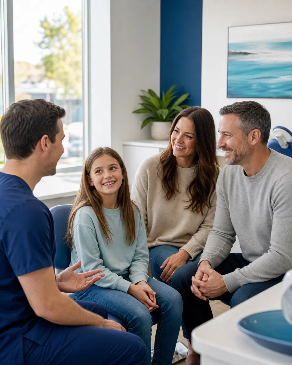 A Port Dover dentist speaking with parents and their child during a relaxed family consultation