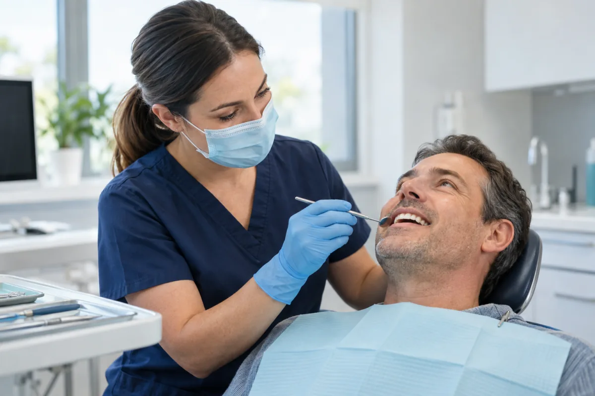 Dental hygienist carrying out a gentle periodontal assessment for an adult patient