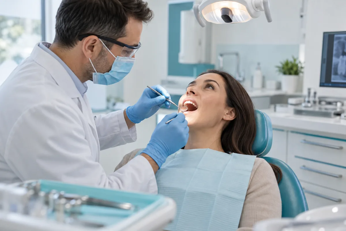 Dentist carefully examining an adult patient's teeth, gums and tongue for causes of persistent bad breath