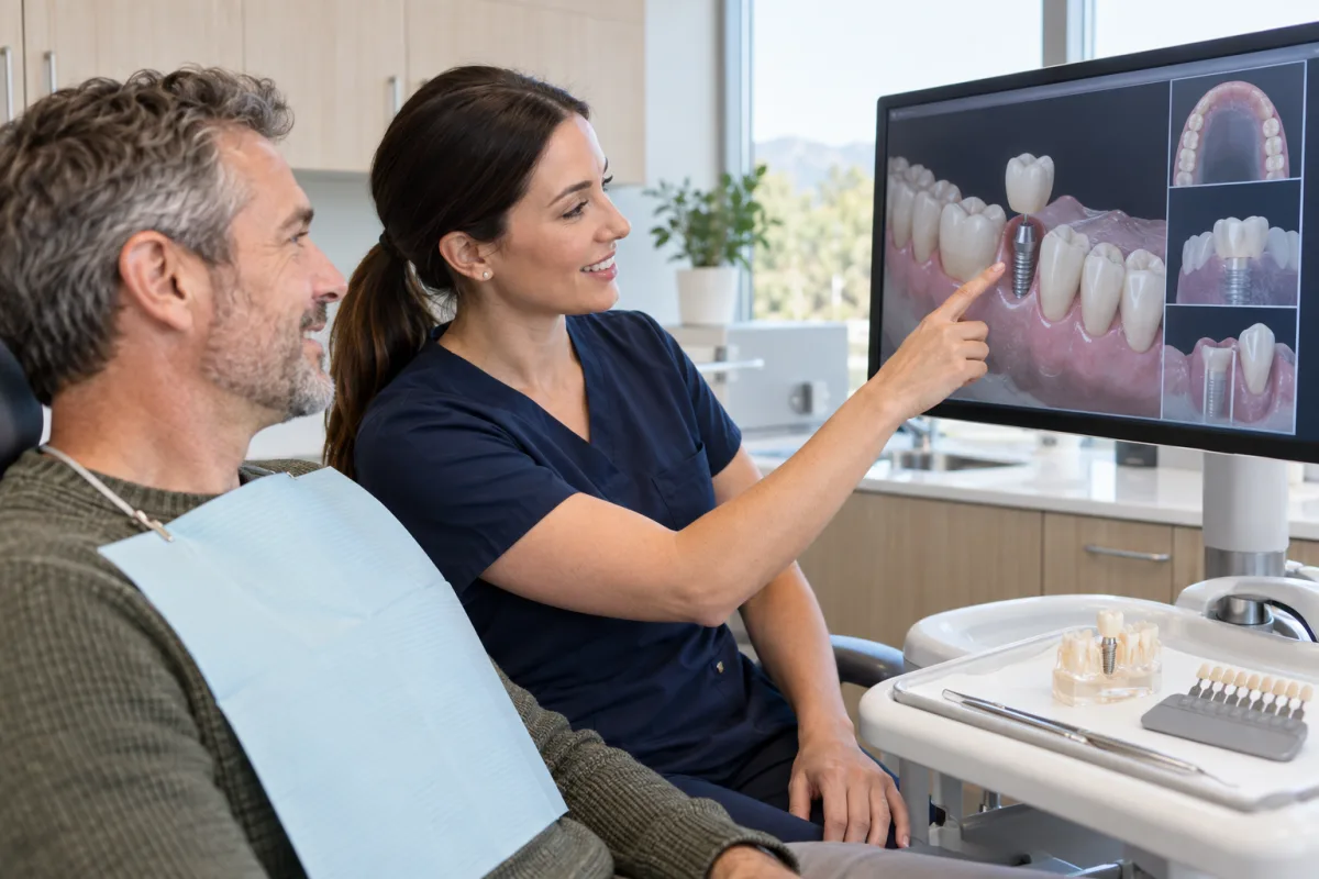 Dentist and adult patient reviewing digital planning for a single implant-supported crown
