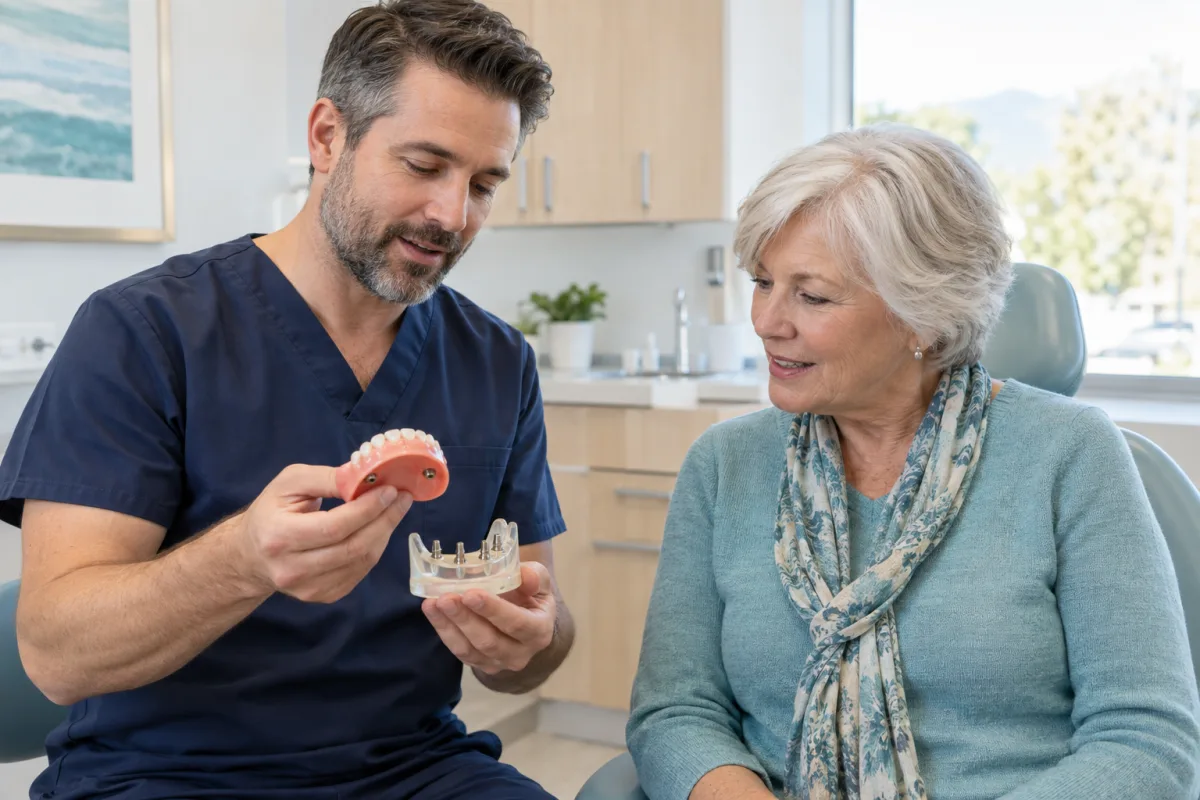 Dentist showing an older adult how a removable denture attaches to dental implants
