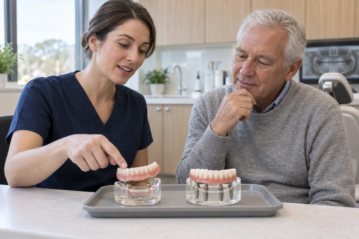 Dentist comparing removable and fixed implant-supported full-arch tooth models with an older adult